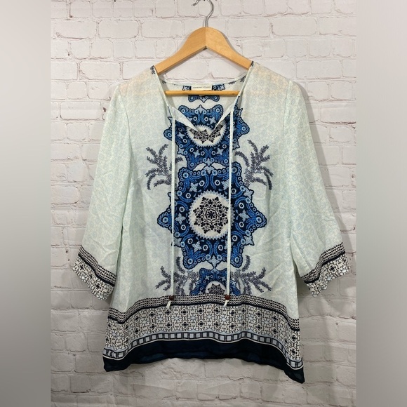 Adrienne Vittadini White Blue Floral Boho Drawstring V-Neck Tunic Top Medium - Picture 1 of 7